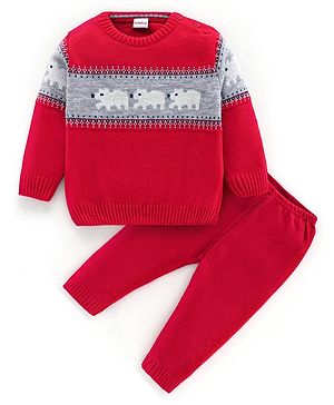 Babyhug Knit Full Sleeves Sweater Set Animal Design - Red
