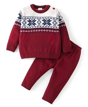 Babyhug Knit Full Sleeves Sweater Set Damask Design - Maroon