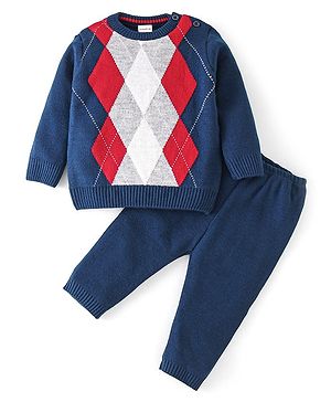 Babyhug Knit Full Sleeves Sweater Set Argyl Design - Navy Blue