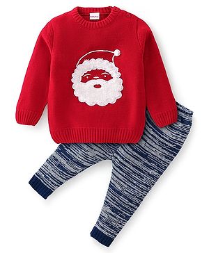 Babyhug Knitted Full Sleeves Santa Claus Design Sweater & Pajama Set - Red
