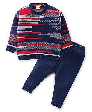 Babyhug Knitted Full Sleeves Striped Sweater & Pajama Set - Navy Blue