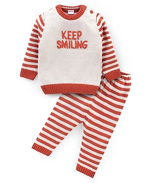 Babyhug Knit Full Sleeves Sweater Set With Text Embroidery - Orange & White