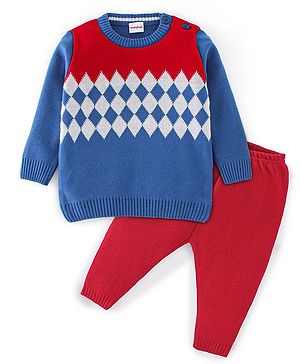 Babyhug Knit Full Sleeves Sweater Set Checks Design - Red & Blue