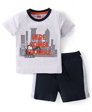 Babyhug Cotton Knit Half Sleeves Night Suit City Print - Grey Melange & Navy Blue