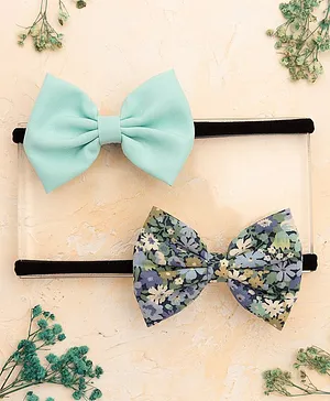 Knotty Ribbons Set Of 2 Floral Printed & Solid Bow Headbands - Light Blue