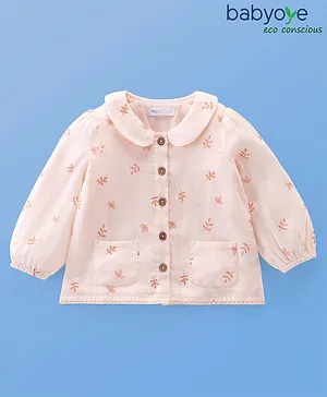 Babyoye Eco Conscious Cotton Full Sleeves Full Sleeves Top Leaf Print- Peach