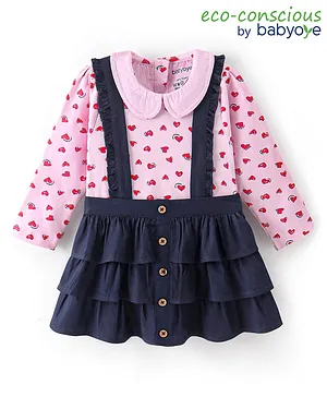 Babyoye Eco Conscious 100% Cotton Woven Full Sleeves Top & Skirt Set Heart Print - Pink & Navy Blue