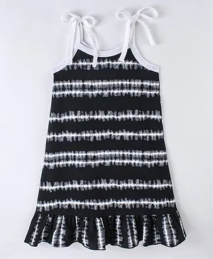 CrayonFlakes Sleeveless Striped Pattern Tie & Dye Designed Strappy Shoulder Tie Up Dress - Black