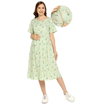 Bella Mama Women Soft Rayon Flower Printed Short Sleeves Maternity Dresses with Pocket - Green