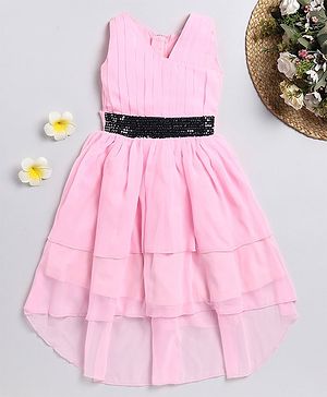 Little Marine Sleeveless Pin Tucked Bodice Detailed & Sequin Waistband Embellished Fit & Flare High Low Dress - Pink