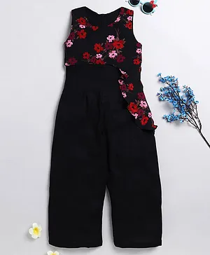 Little Marine Sleeveless Flowers Printed & Flounce Detailed Jumpsuit - Black