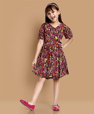 Little Marine Half Sleeves Seamless Forest Flowers Printed Fit & Flare Dress - Multi Colour