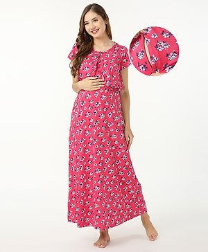 Bella Mama 100% Cotton Knit Half Sleeves Maternity Nighty With Concealed Zipper Floral Print - Pink