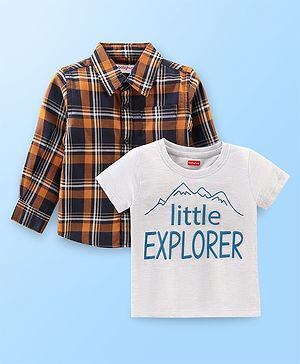 Babyhug Cotton Woven Full Sleeves Shirt With T-Shirt With Checks & Text Print - Yellow & White