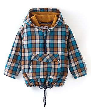 Babyhug 100% Cotton Woven Full Sleeves Hooded Checkered Shirt - Green