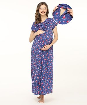 Bella Mama 100% Cotton Knit Half Sleeves Maternity Nighty With Concealed Zipper Floral Print - Blue