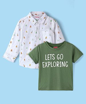 Babyhug Cotton Woven Full Sleeves Shirt with Inner Tee Pine Tree Print - Grey