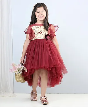 Toy Balloon Flutter Sleeves Floral Embroidered Embellished Bodice  High Low Party Dress - Maroon