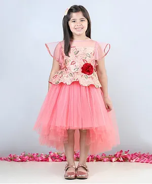 Toy Balloon Flutter Sleeves Floral Embroidered Embellished Bodice  High Low Party Dress - Dusty Rose
