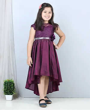 Toy Balloon Cap Sleeves Flower Detailed Sequin Embellished & Embroidered Fit & Flare High Low Dress - Purple