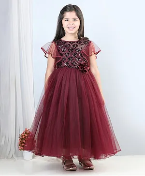 Toy Balloon Cap Sleeves Flower Detailed Sequin Embellished Yoke Fit & Flare Gown - Maroon