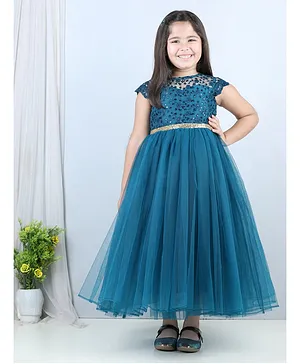 Toy Balloon Cap Sleeves Flower Detailed Embroidered Sequin & Lace Embellished Fit & Flare Gown - Teal Blue