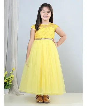Toy Balloon Cap Sleeves Flower Detailed Embroidered Sequin & Lace Embellished Fit & Flare Gown - Yellow