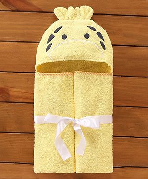 Babyhug Hooded Cotton Woven Towel with Giraffe Embroidery- Yellow