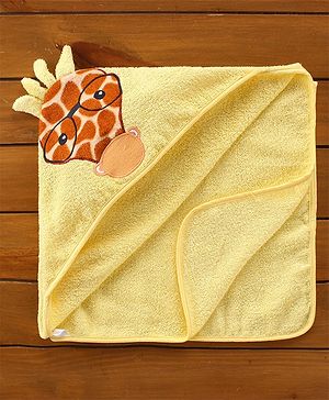 Babyhug Hooded Cotton Woven Towel with Giraffe Embroidery- Yellow