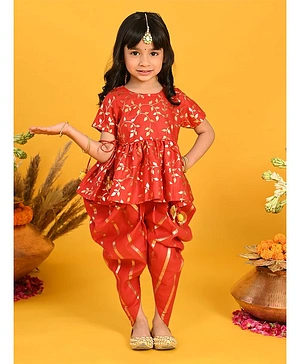 Saka Designs Cotton Woven Half Sleeves Kurta & Salwar Set Zari Design - Red & Gold