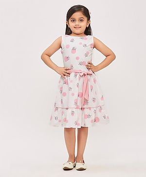 Tiny Girl Sleeveless All Over Polka Dot & Botanical Printed Fit & Flare Dress - Pink