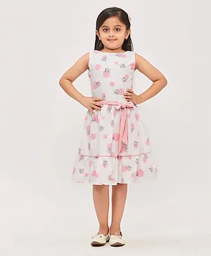 Tiny Girl Sleeveless All Over Polka Dot & Botanical Printed Fit & Flare Dress - Pink