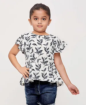 Tiny Girl Short Flutter Sleeves Forest Theme Leaves Printed Top - Navy Blue