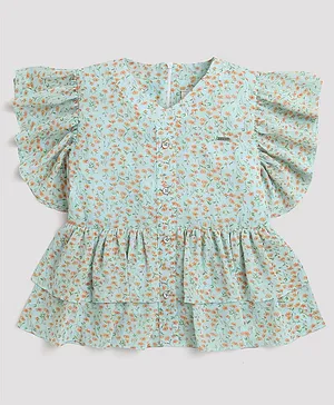 Tiny Girl Short Flutter Sleeves Floral  Printed Top - Green