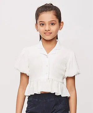Tiny Girl Half Flutter Sleeves Seersucker Style Peplum  Top - White