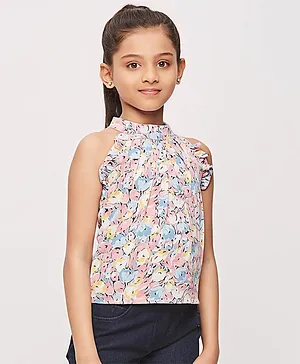Tiny Girl Sleeveless Floral Abstract Printed Top - Pink
