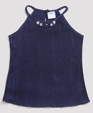 Tiny Girl Sleeveless Floral Appliqued Pleated Top - Navy Blue
