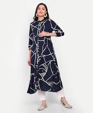 Aaruvi Ruchi Verma Three Fourth Sleeves Seamless Abstract Lines Printed Maternity Kurta With Vertical Concealed Zipper Nursing Access - Blue