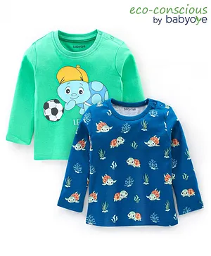 Babyoye 100% Cotton Full Sleeves Sweatshirts With Turtle Print Pack Of 2 - Blue & Green