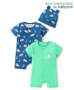 Babyoye 100% Organic Cotton with Eco-Jiva Finish Turtle Printed Half Sleeves Rompers Pack of 2 with a Cap - Blue