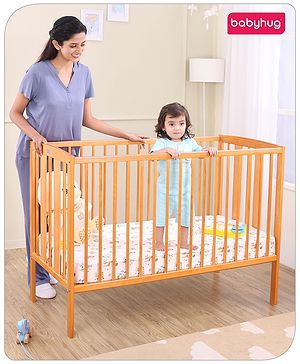 Babyhug Malmo Wooden Cot with 3 Level Height Adjustment & Plug and Play Assembly - Natural
