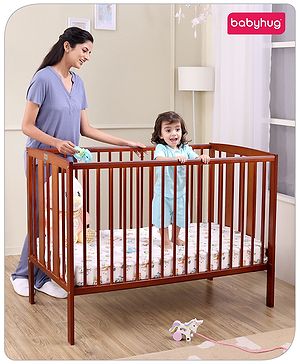 Babyhug Malmo Wooden Cot with 3 Level Height Adjustment & Plug and Play Assembly  Walnut Color| Solid Pinewood