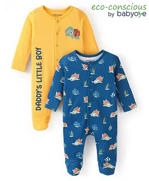 Babyoye 100%  Organic Cotton with Eco-Jiva Finish Full Sleeves Sleep Suits Tortoise Placement Print Pack of 2 - Yellow & Blue