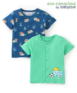 Babyoye 100%  Organic Cotton with Eco Jiva Finish Turtle Printed Vests Pack of 2 - Blue & Green