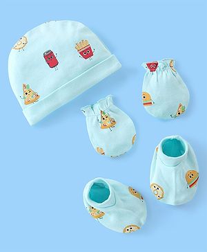 Babyhug 100% Cotton Knit Pizza Print Cap Mittens & Booties Blue - Diameter 11.5 cm