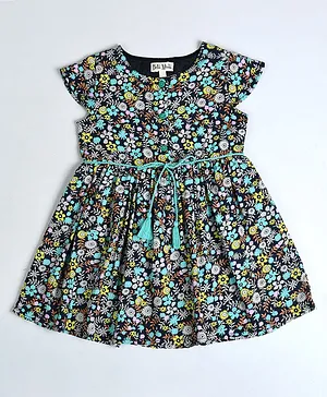 Bella Moda Cap Sleeves Floral Printed Dress - Blue