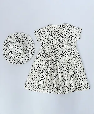 Bella Moda Pure Cotton Cap Sleeves  Hearts Printed Dress With Lining & Cap - White