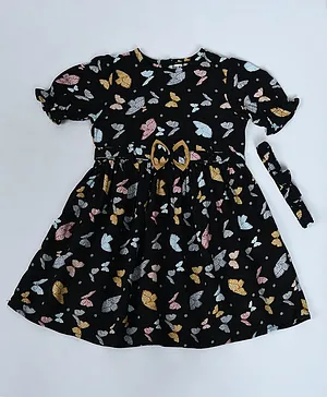 Bella Moda Puffed Sleeves Butterfly Printed Dress With Lining & Headband - Black