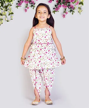 Tangerine Closet Sleeveless Garden Floral Theme Leaves Floral Printed Frilled Kurta & Tulip Salwar Set - White