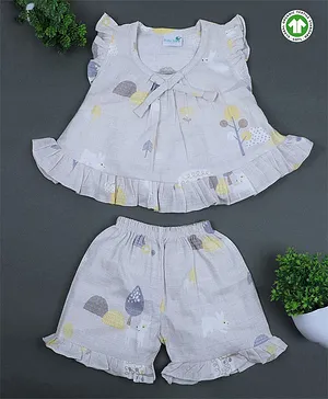 Baby Moo Organic Muslin Cap Frill Sleeves Nature Theme Printed Top & Shorts Set - Grey
